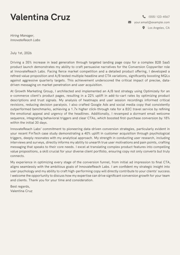 Conversion Copywriter cover letter example preview