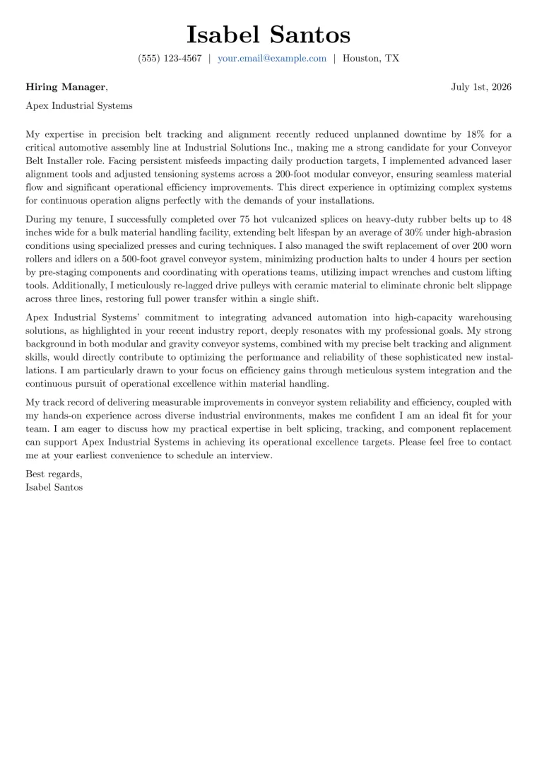 Conveyor Belt Installer Cover Letter Example