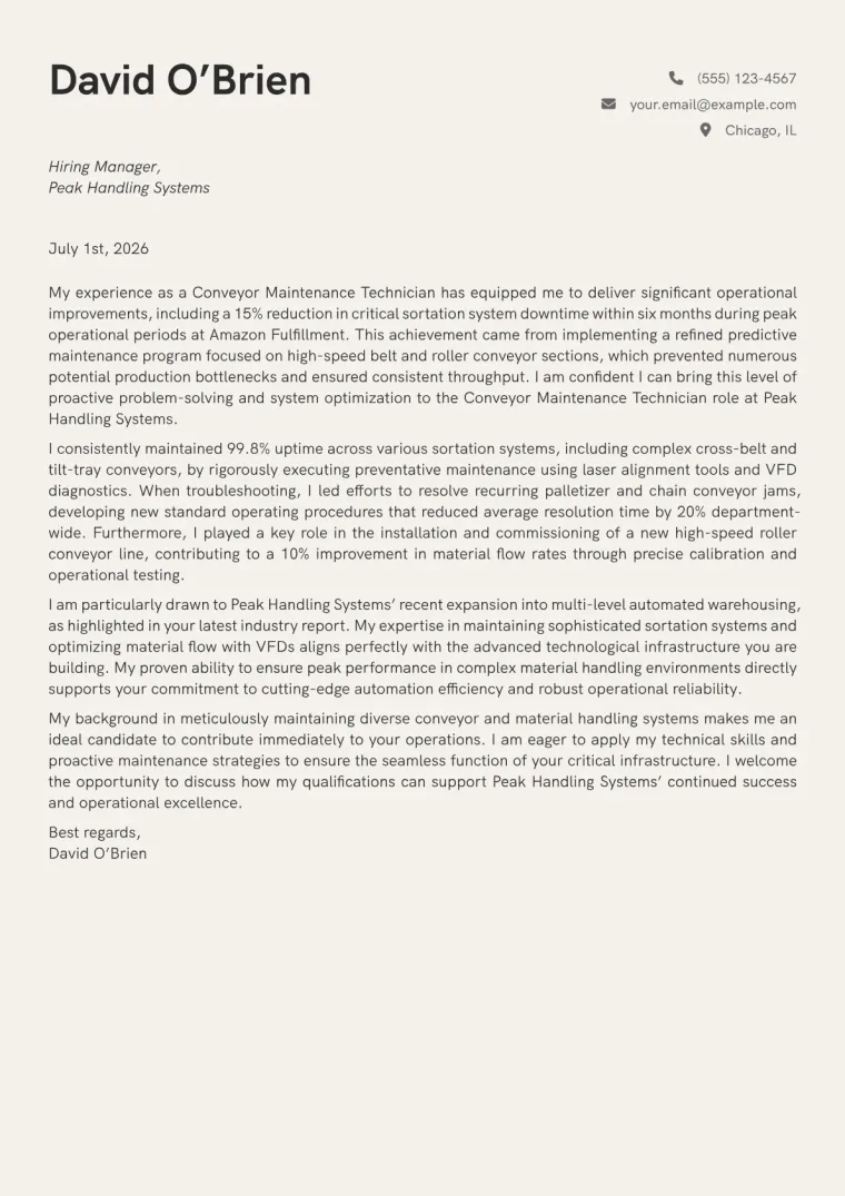 Conveyor Maintenance Technician cover letter example preview