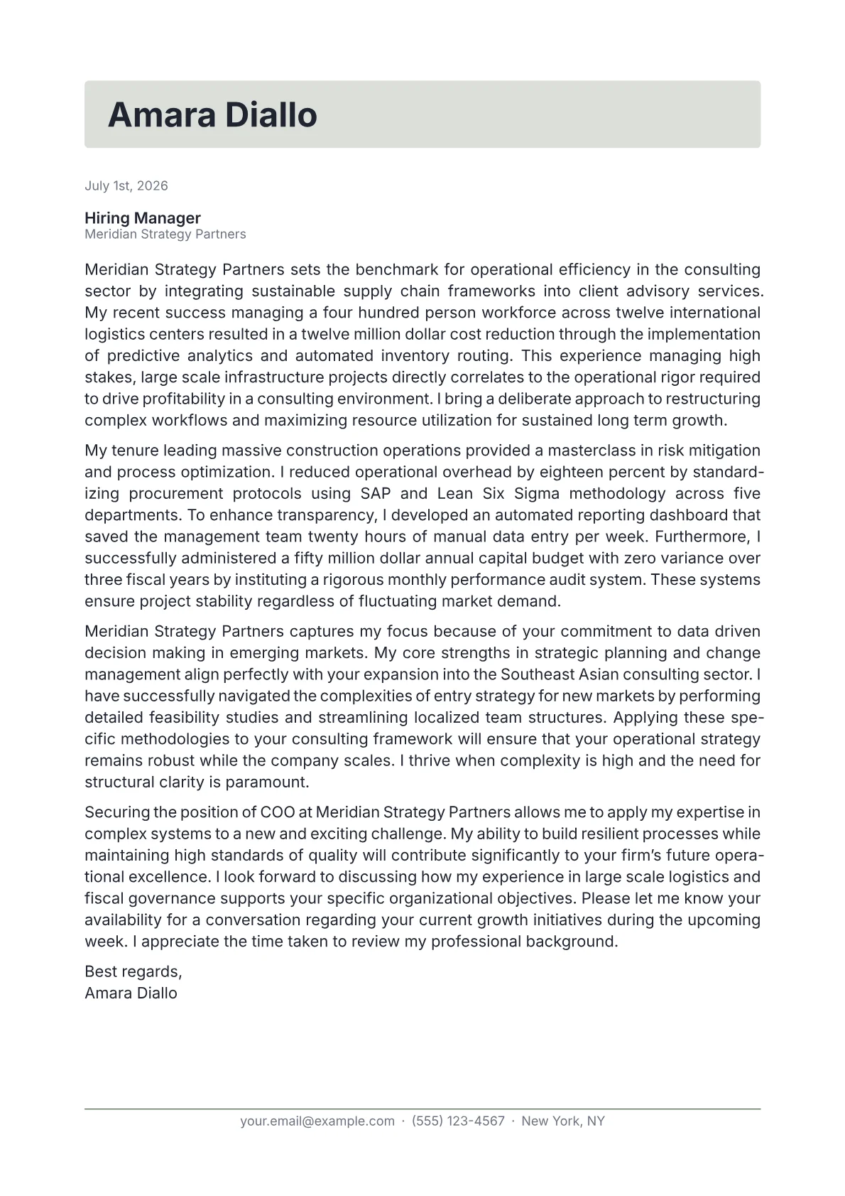 COO cover letter in the Letterhead design