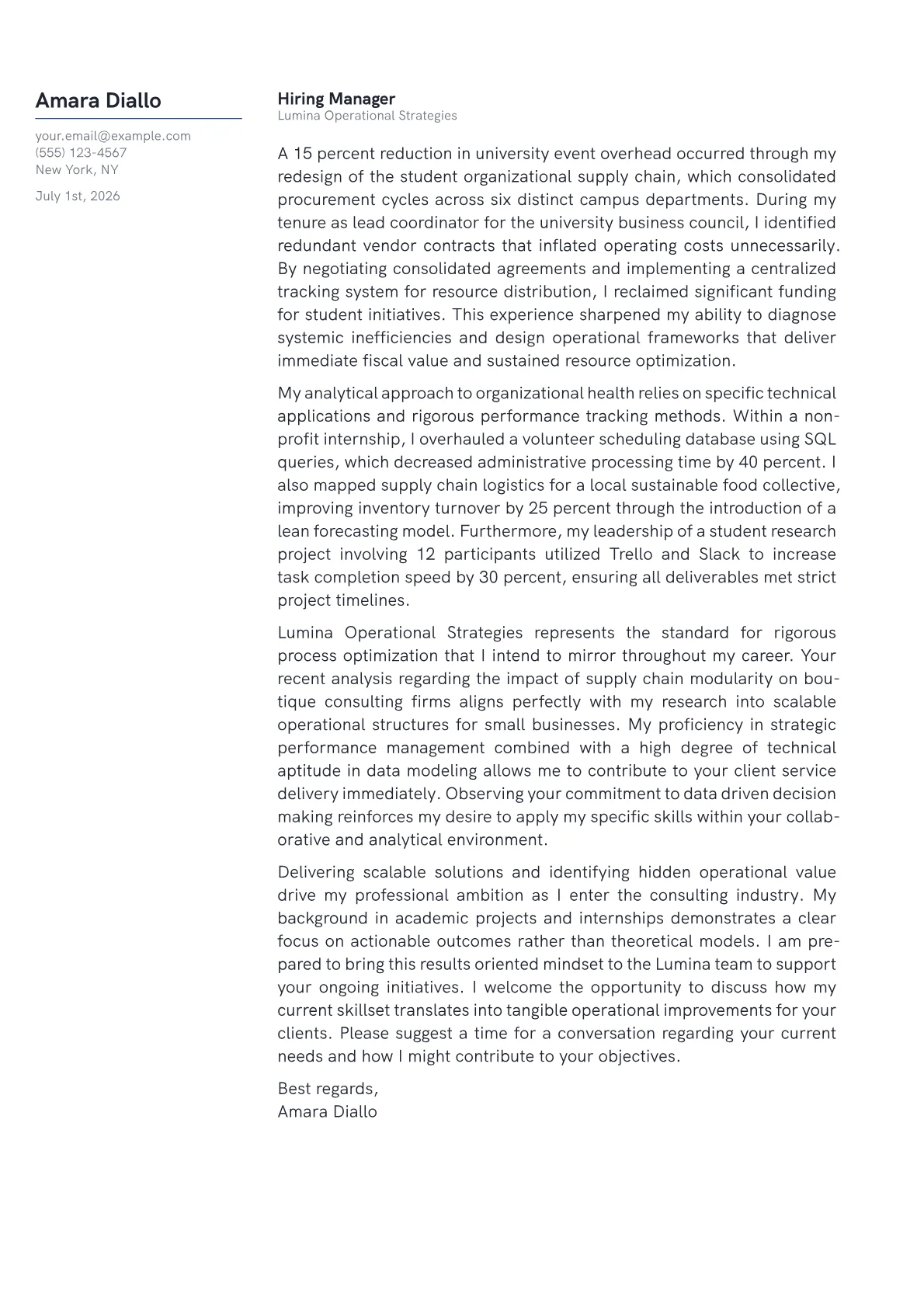 COO cover letter in the Margin design