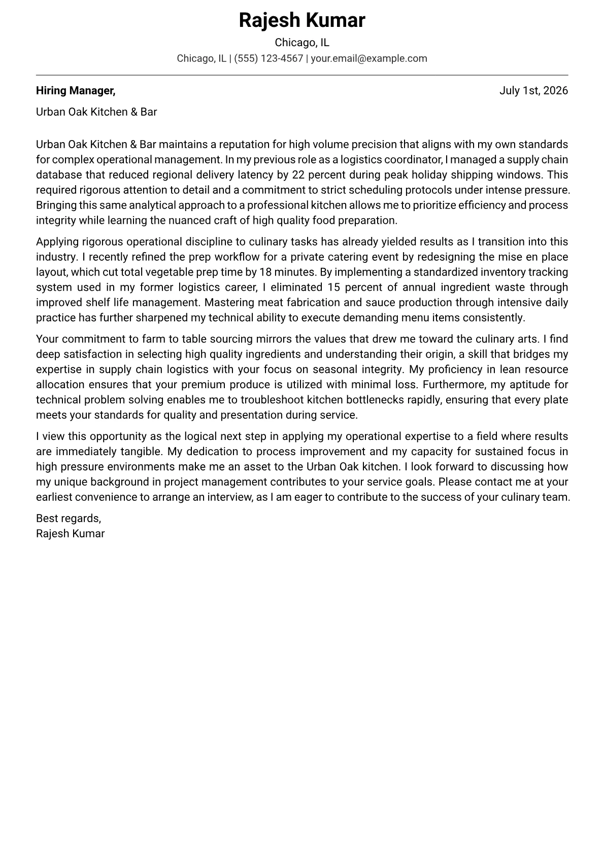 Cook cover letter in the Modern design