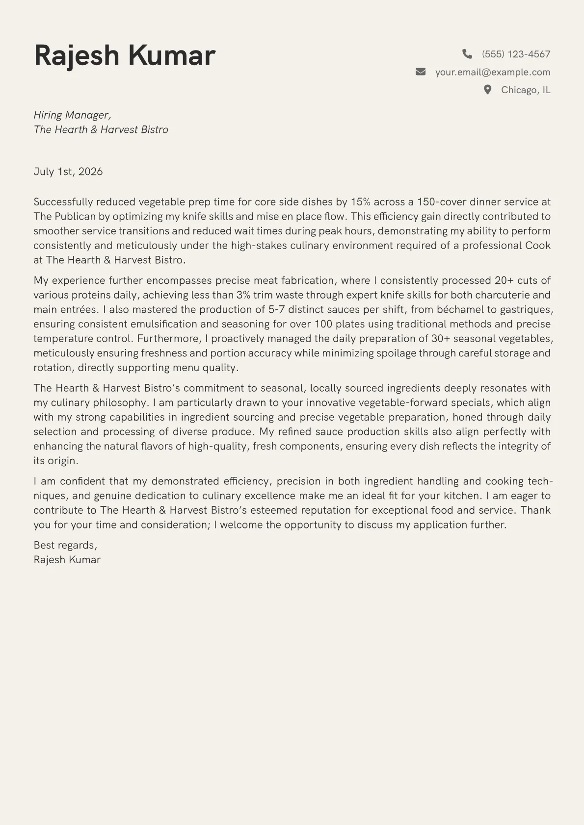 Cook cover letter formatted with a JobSprout template