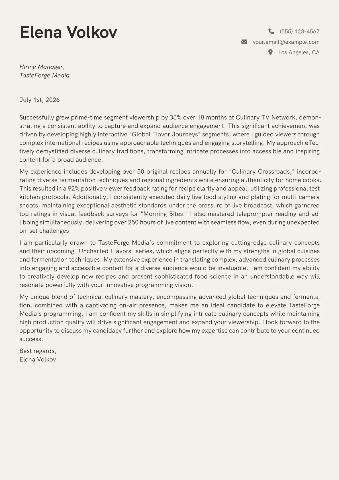 Cooking Show Host cover letter formatted with a JobSprout template