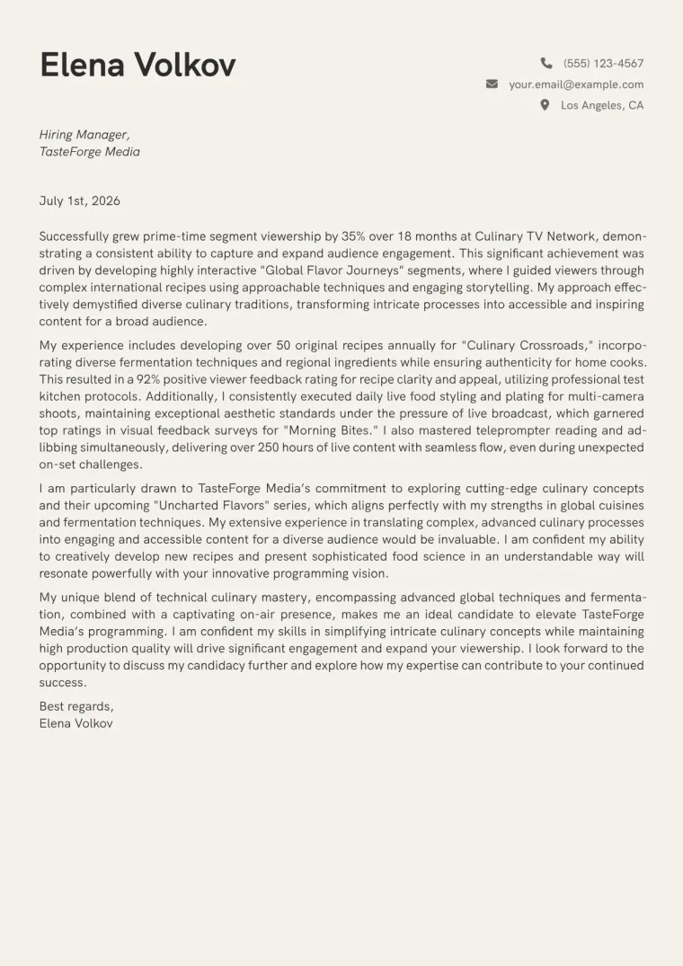 Cooking Show Host cover letter example preview