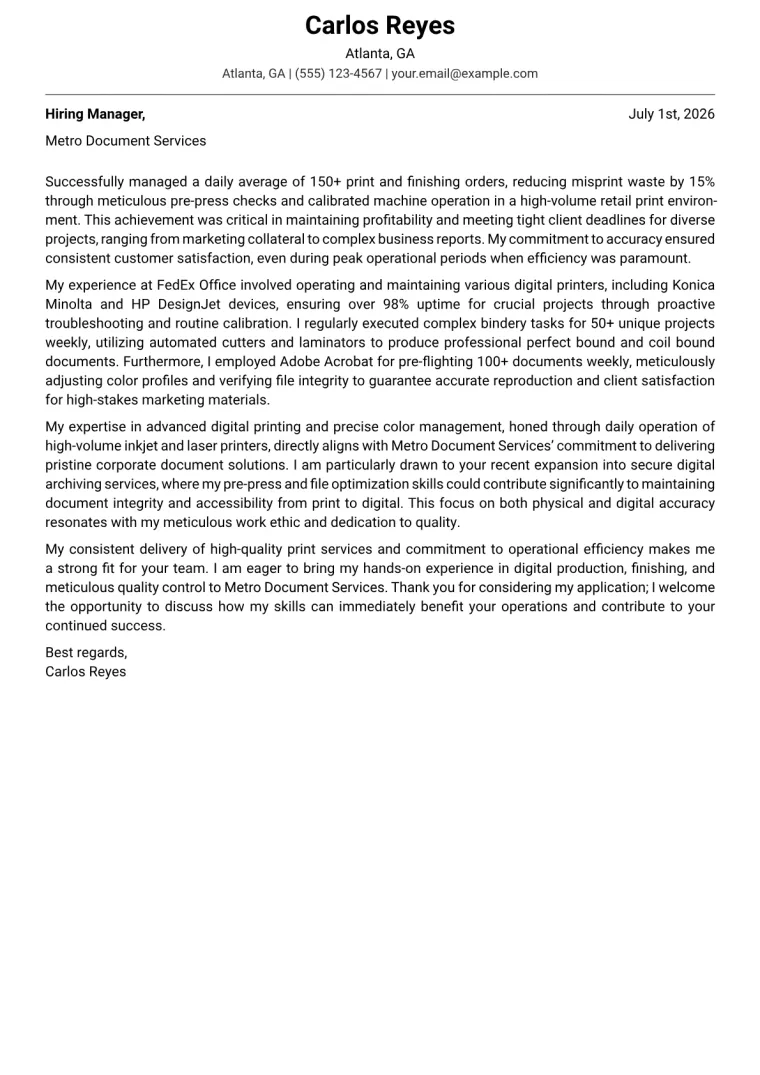 Copy Center Operator cover letter example preview