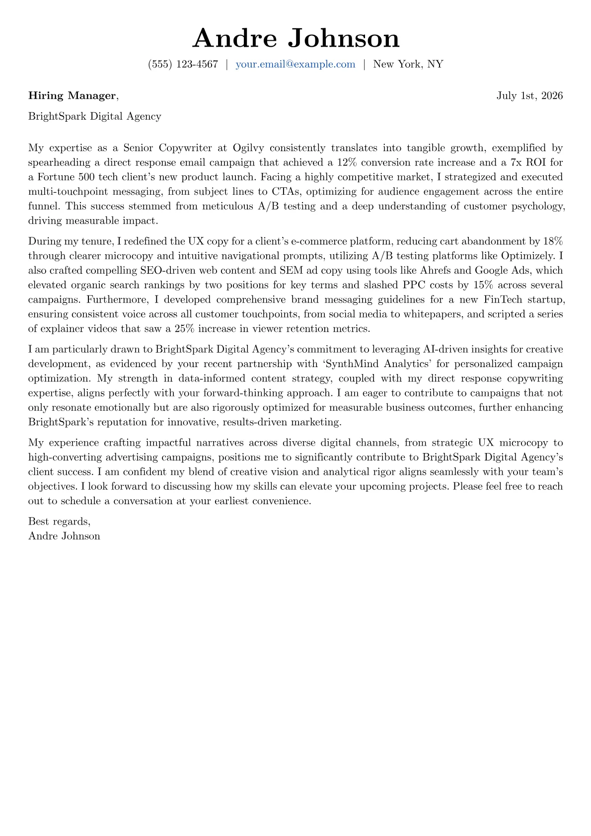 Copywriter cover letter formatted with a JobSprout template