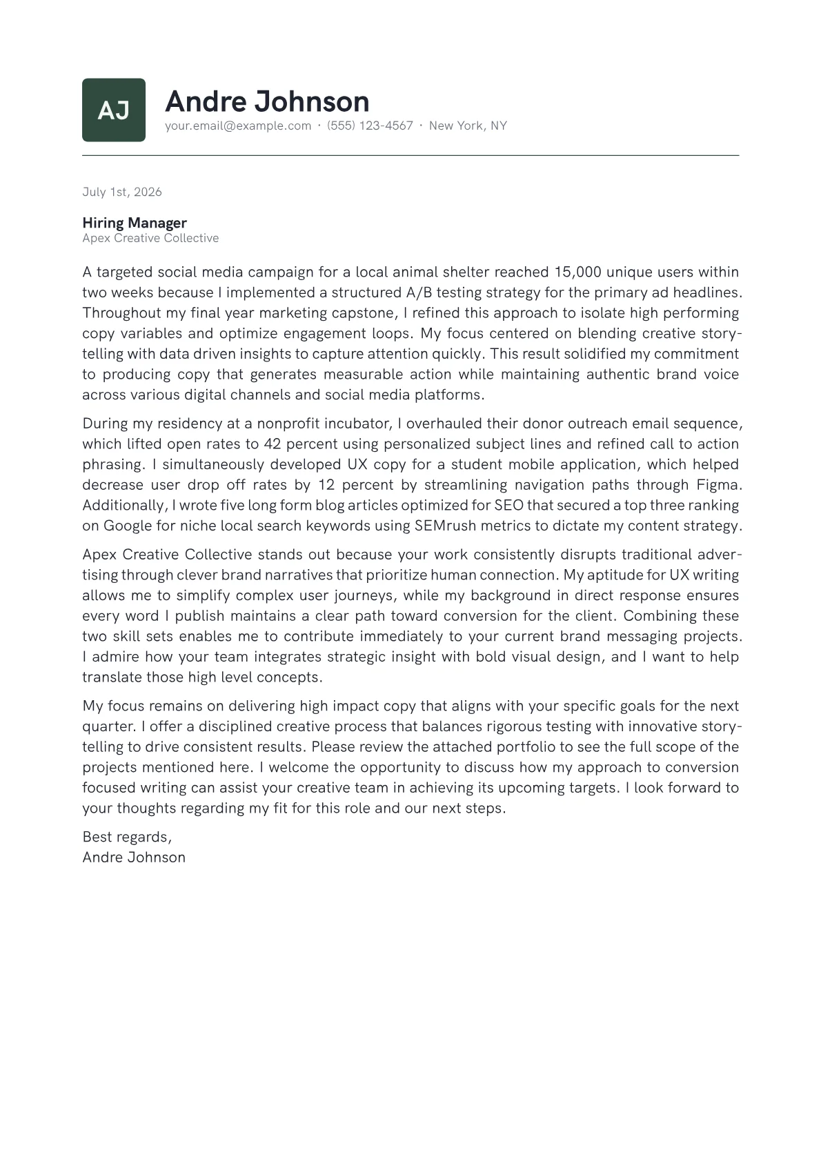 Copywriter cover letter in the Emblem design