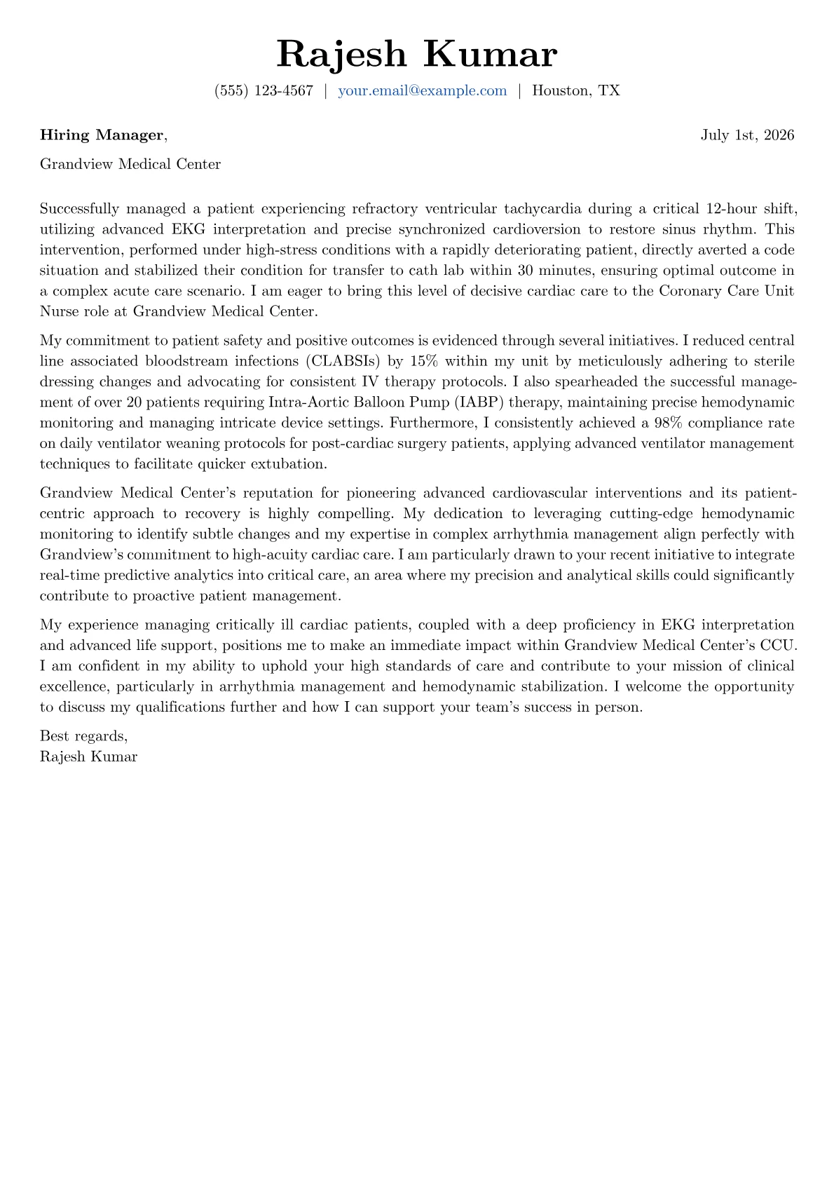Coronary Care Unit Nurse cover letter formatted with a JobSprout template