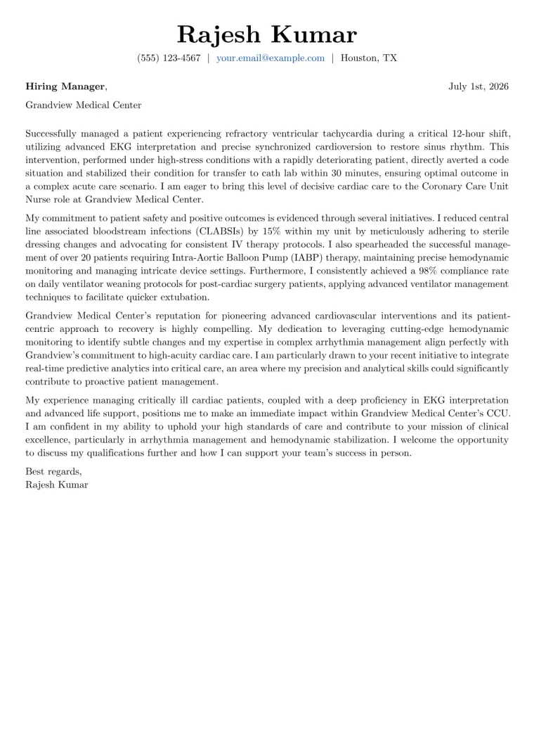 Coronary Care Unit Nurse Cover Letter Example