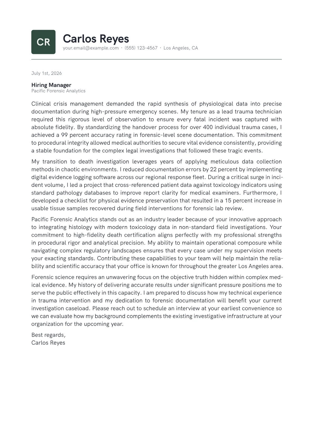 Coroner cover letter formatted with a JobSprout template