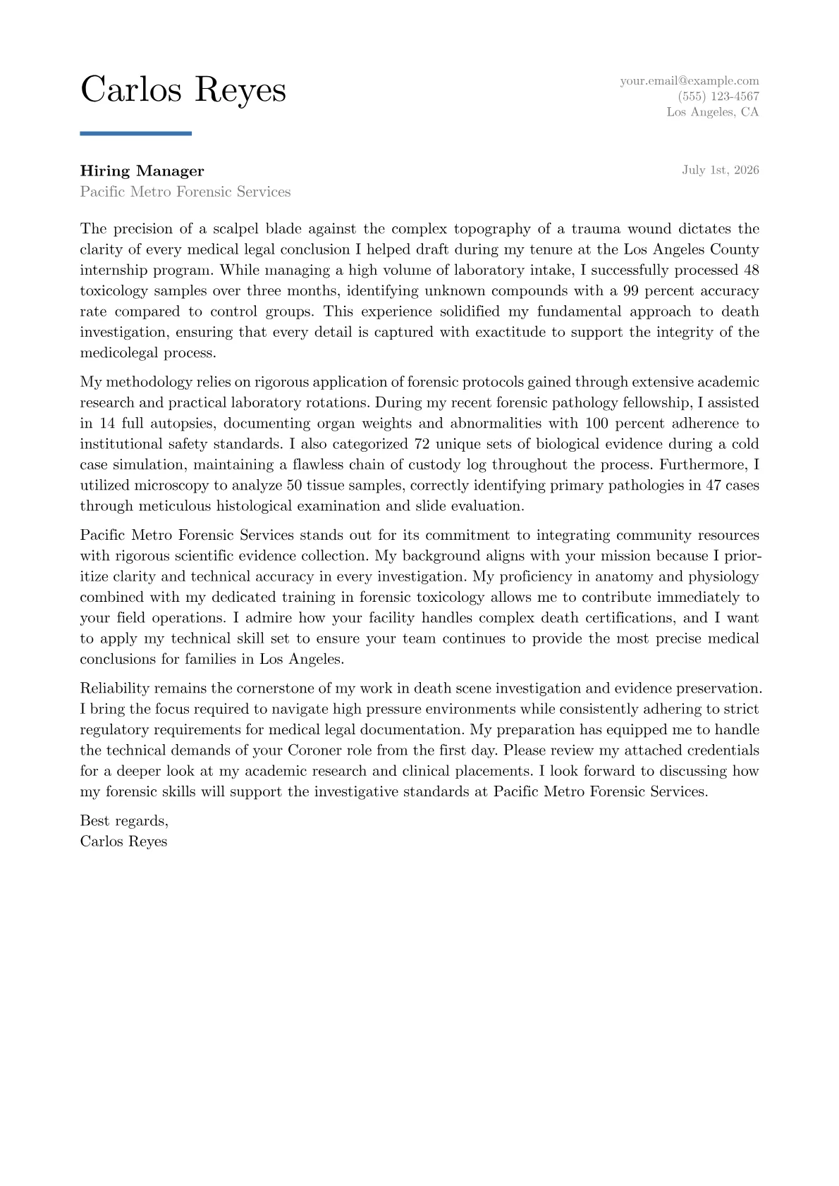 Coroner cover letter formatted with a JobSprout template