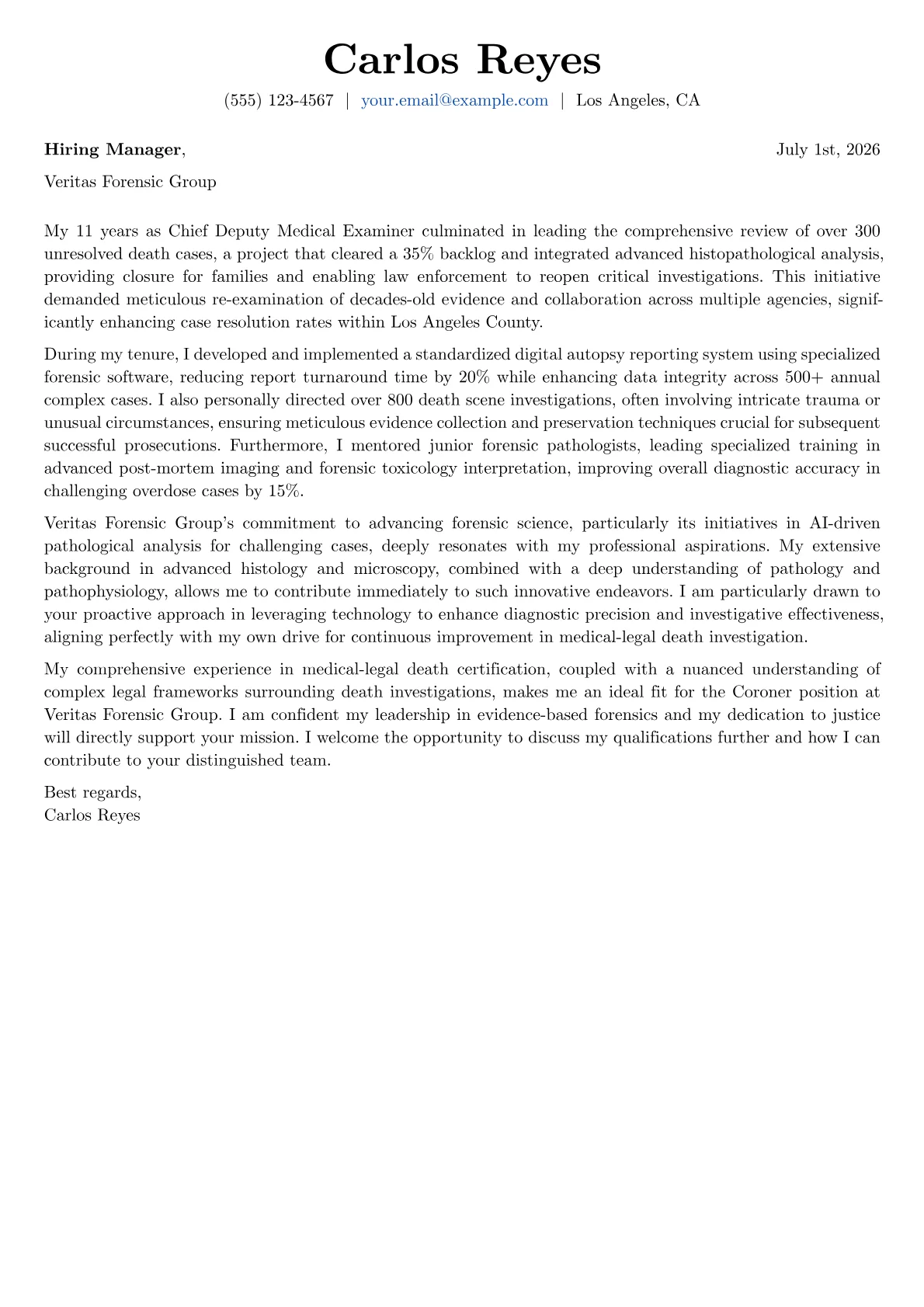 Coroner cover letter formatted with a JobSprout template