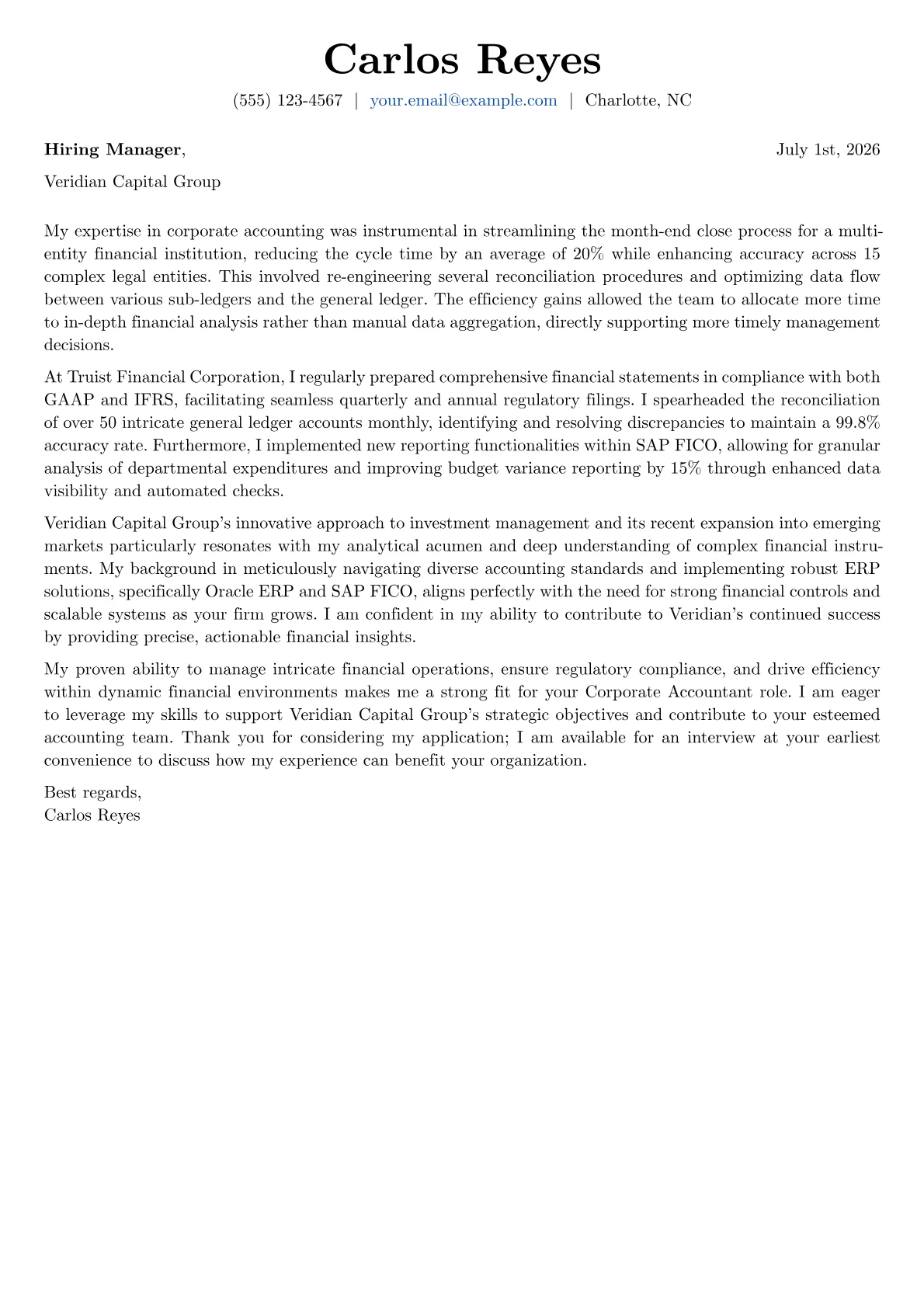 Corporate Accountant cover letter formatted with a JobSprout template