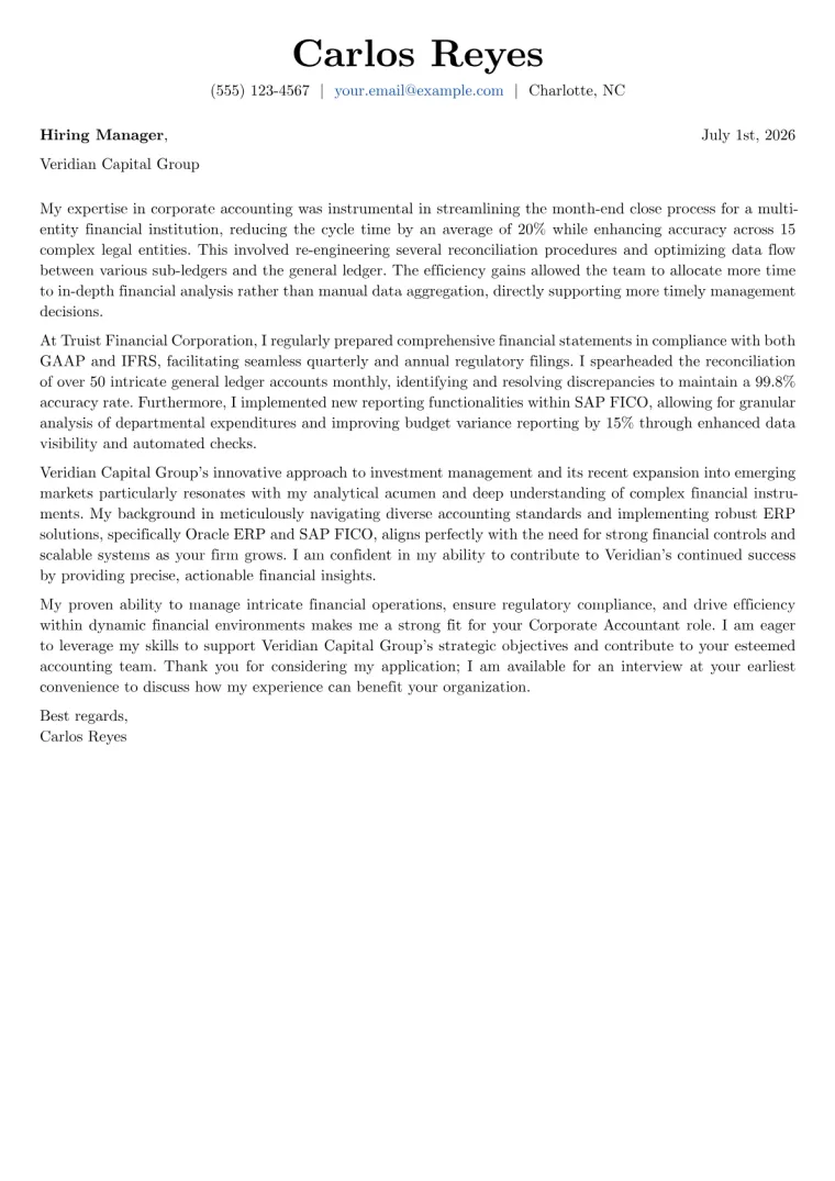 Corporate Accountant cover letter example preview