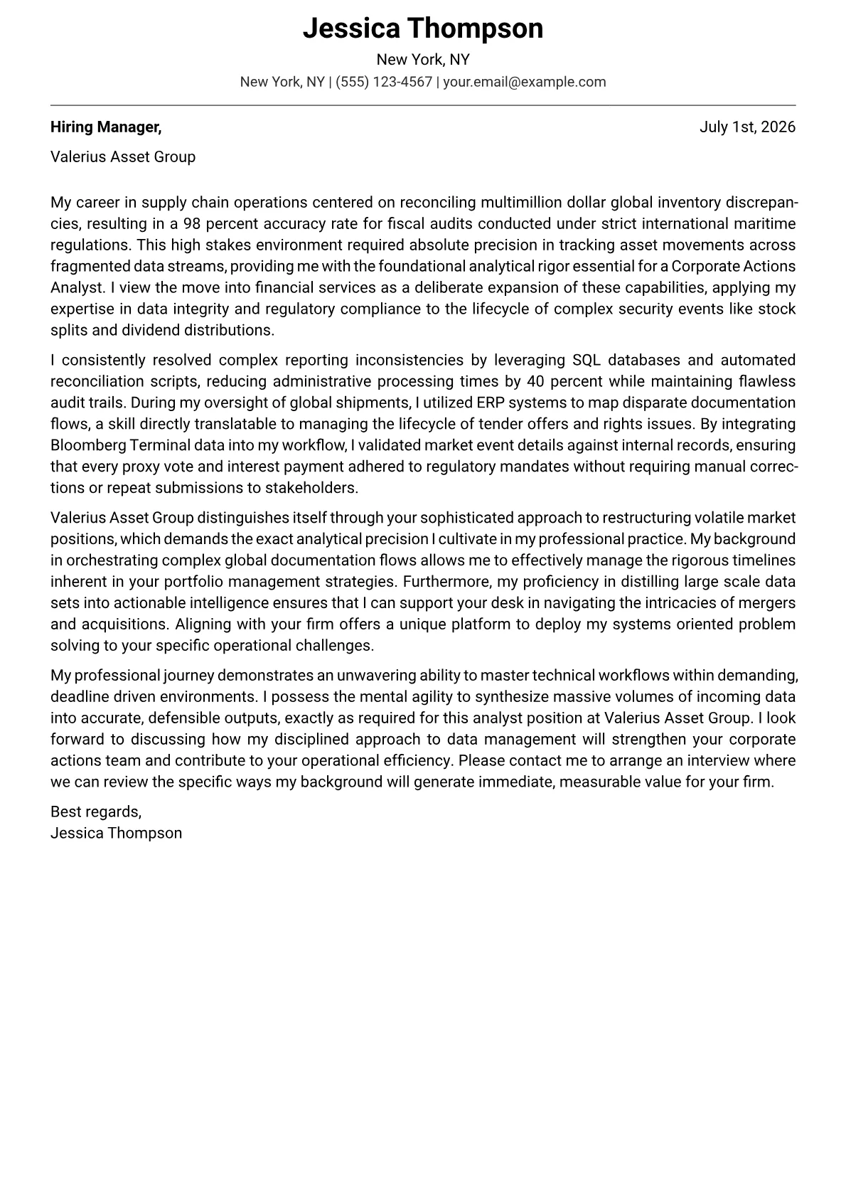 Corporate Actions Analyst cover letter in the Modern design