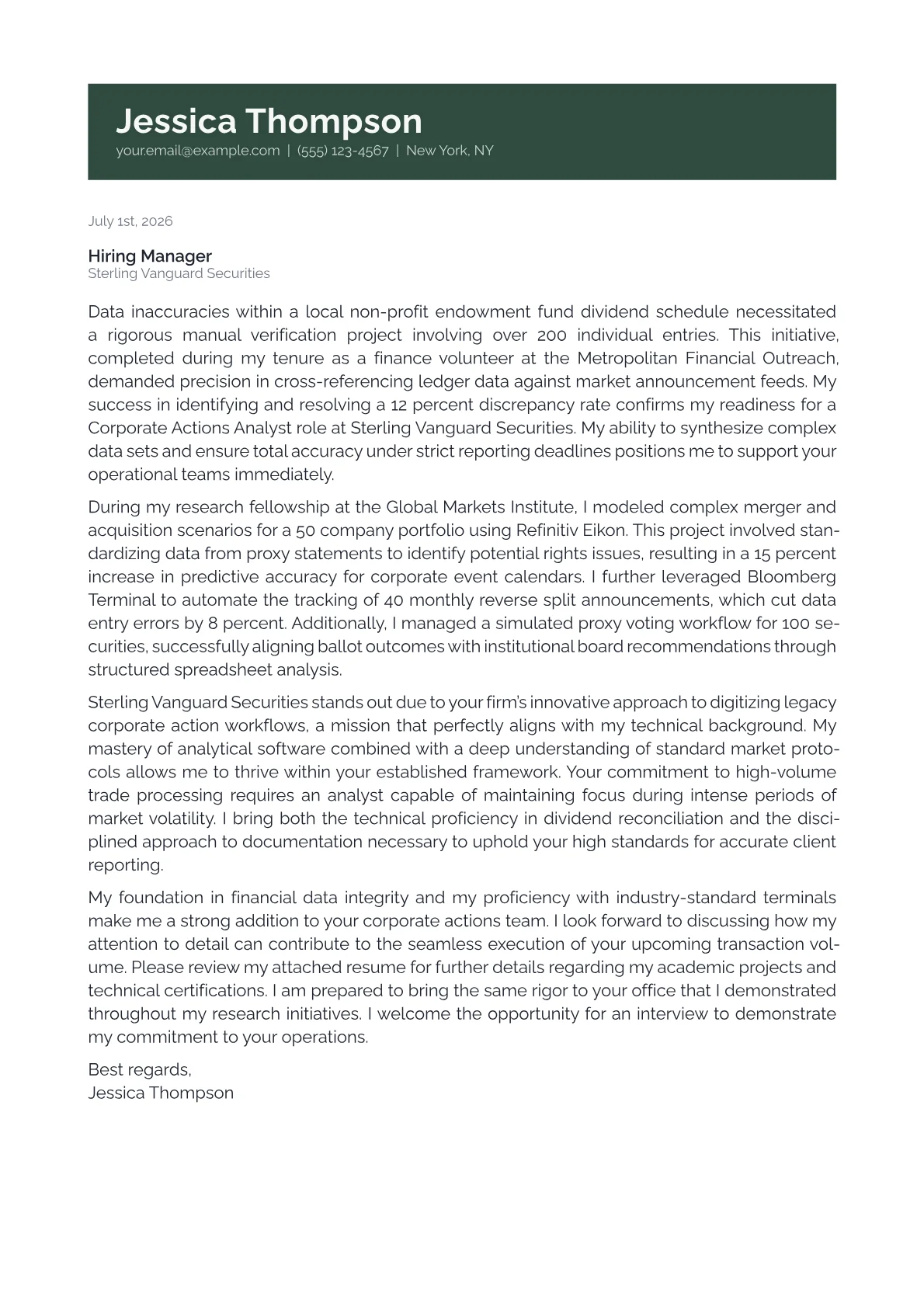 Corporate Actions Analyst cover letter in the Banner design