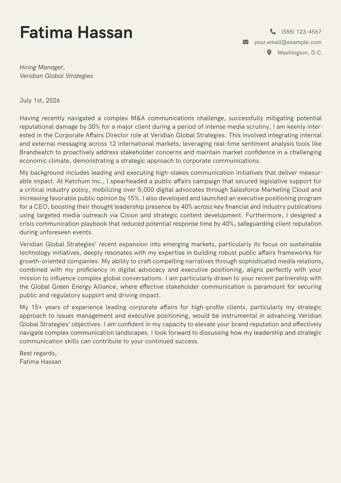 Corporate Affairs Director cover letter formatted with a JobSprout template