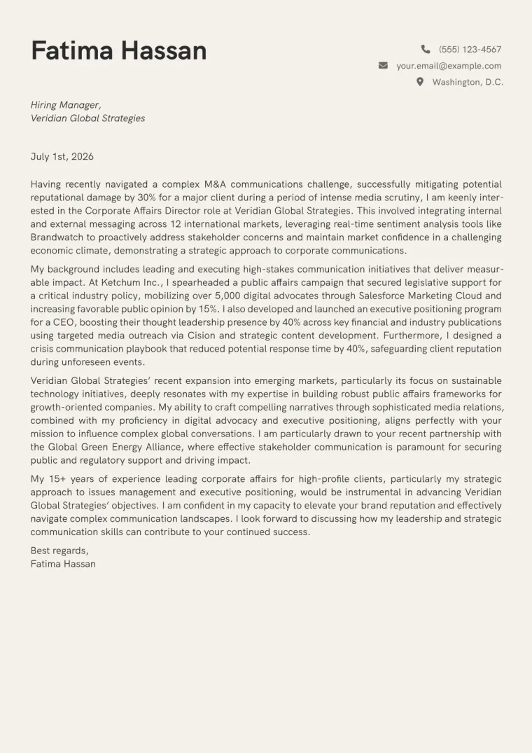 Corporate Affairs Director cover letter example preview