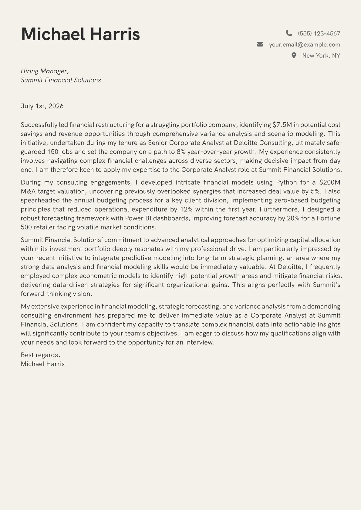Corporate Analyst cover letter formatted with a JobSprout template