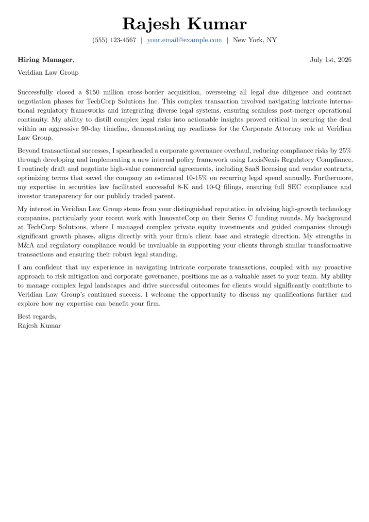 Corporate Attorney cover letter example preview