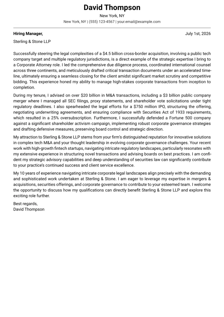 Corporate Attorney - Law Firm cover letter example preview