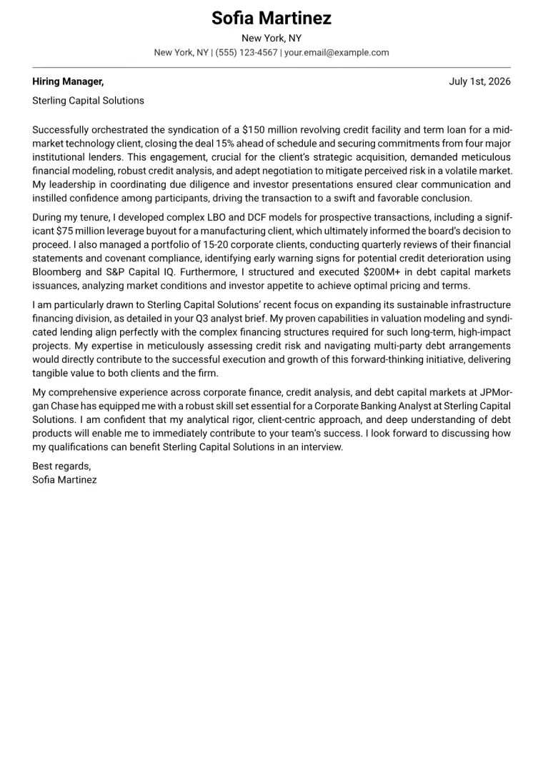 Corporate Banking Analyst cover letter example preview