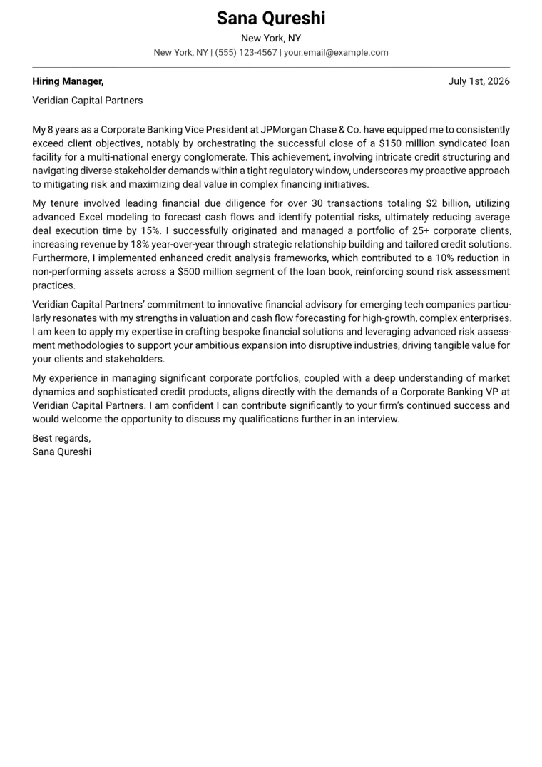 Corporate Banking VP cover letter example preview