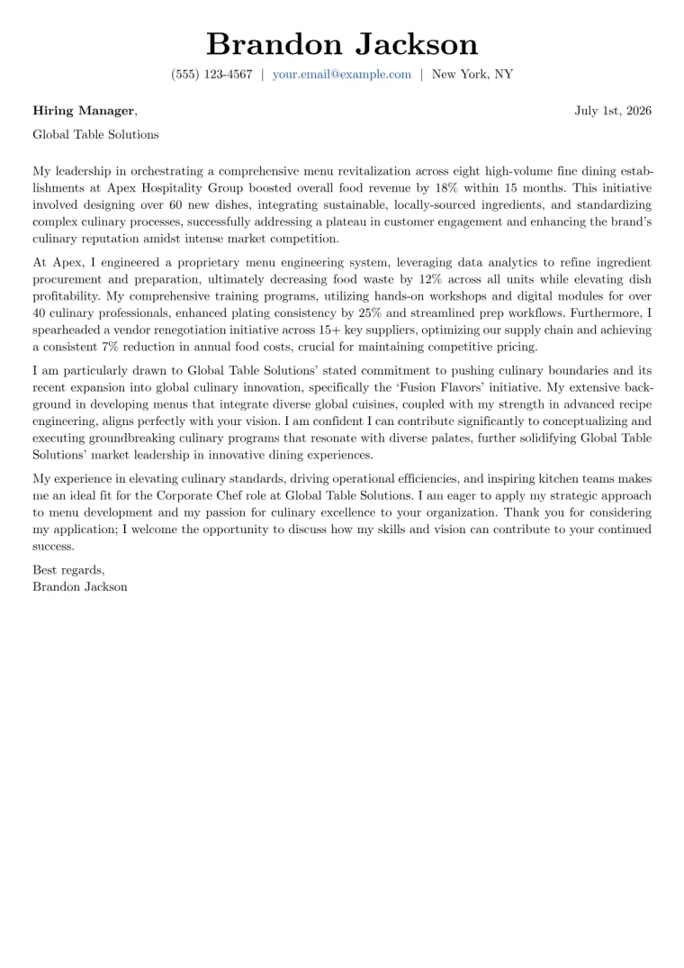 Corporate Chef Cover Letter Example