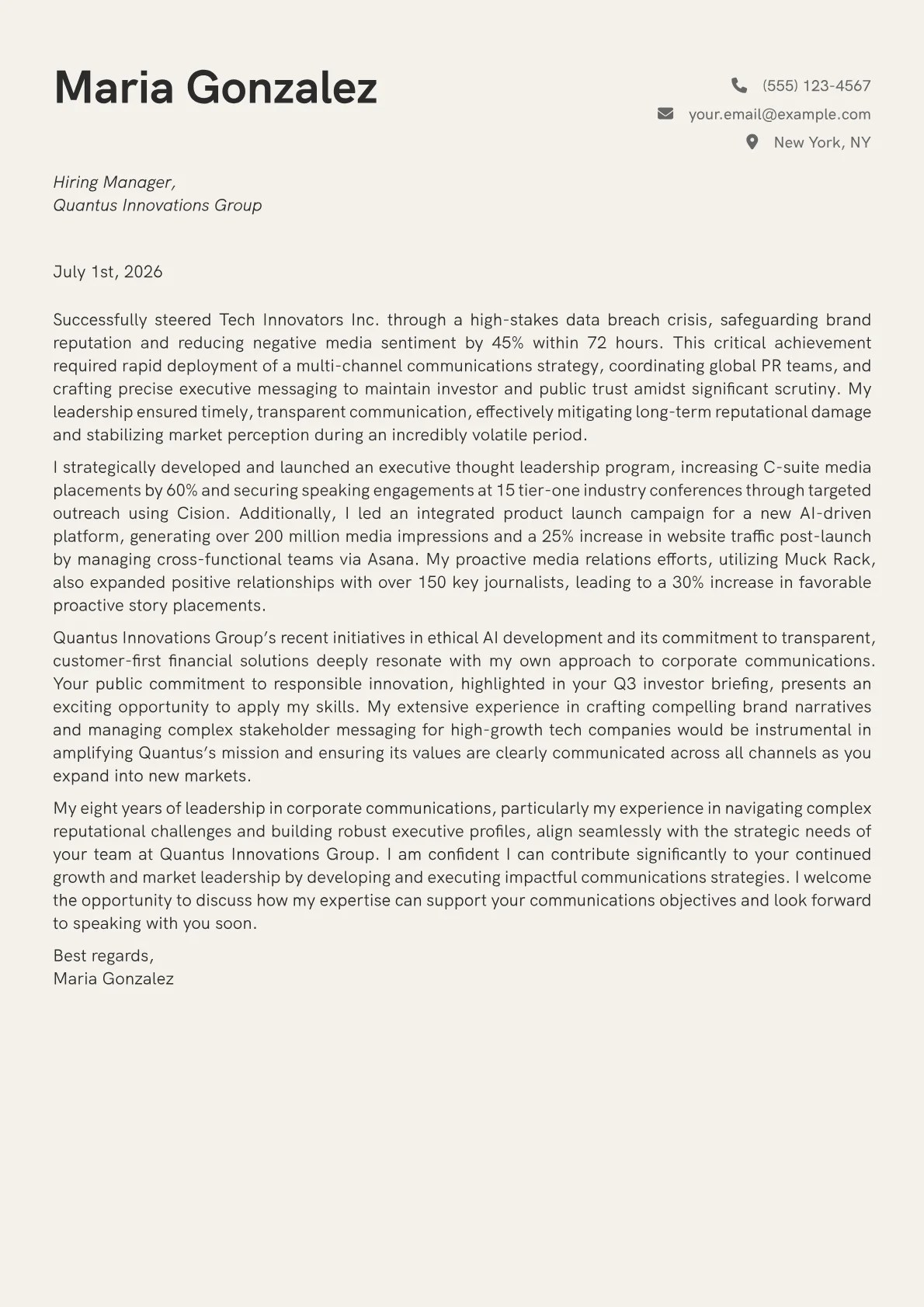 Corporate Communications Manager cover letter formatted with a JobSprout template