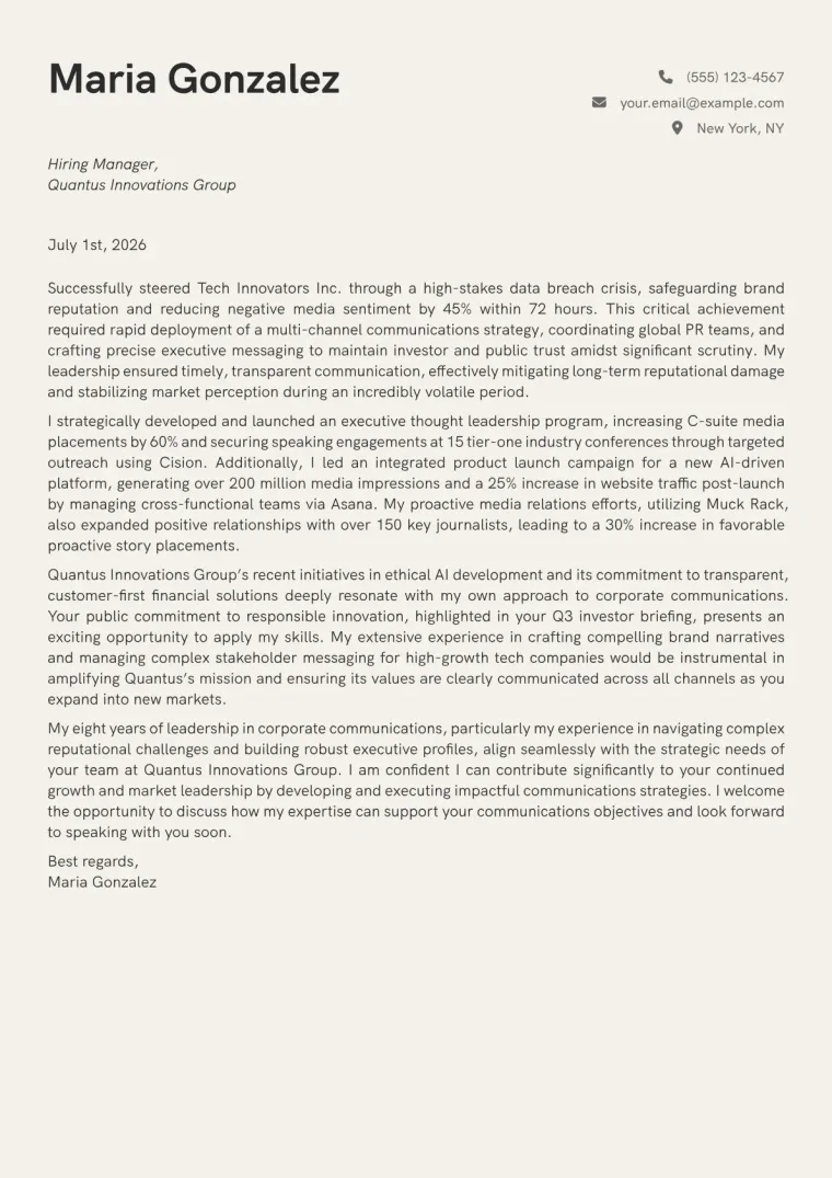 Corporate Communications Manager Cover Letter Example