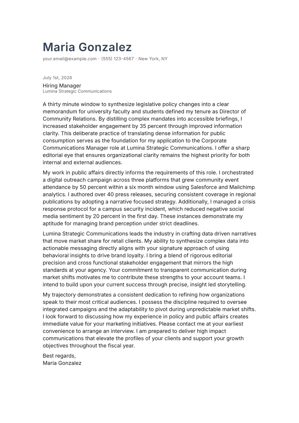 Corporate Communications Manager cover letter in the Minimal design