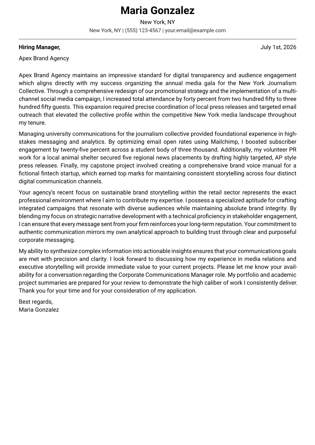 Corporate Communications Manager cover letter in the Modern design