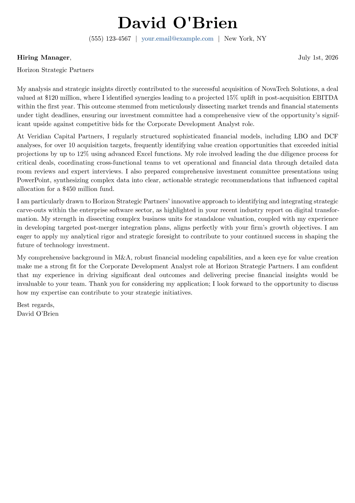 Corporate Development Analyst cover letter formatted with a JobSprout template