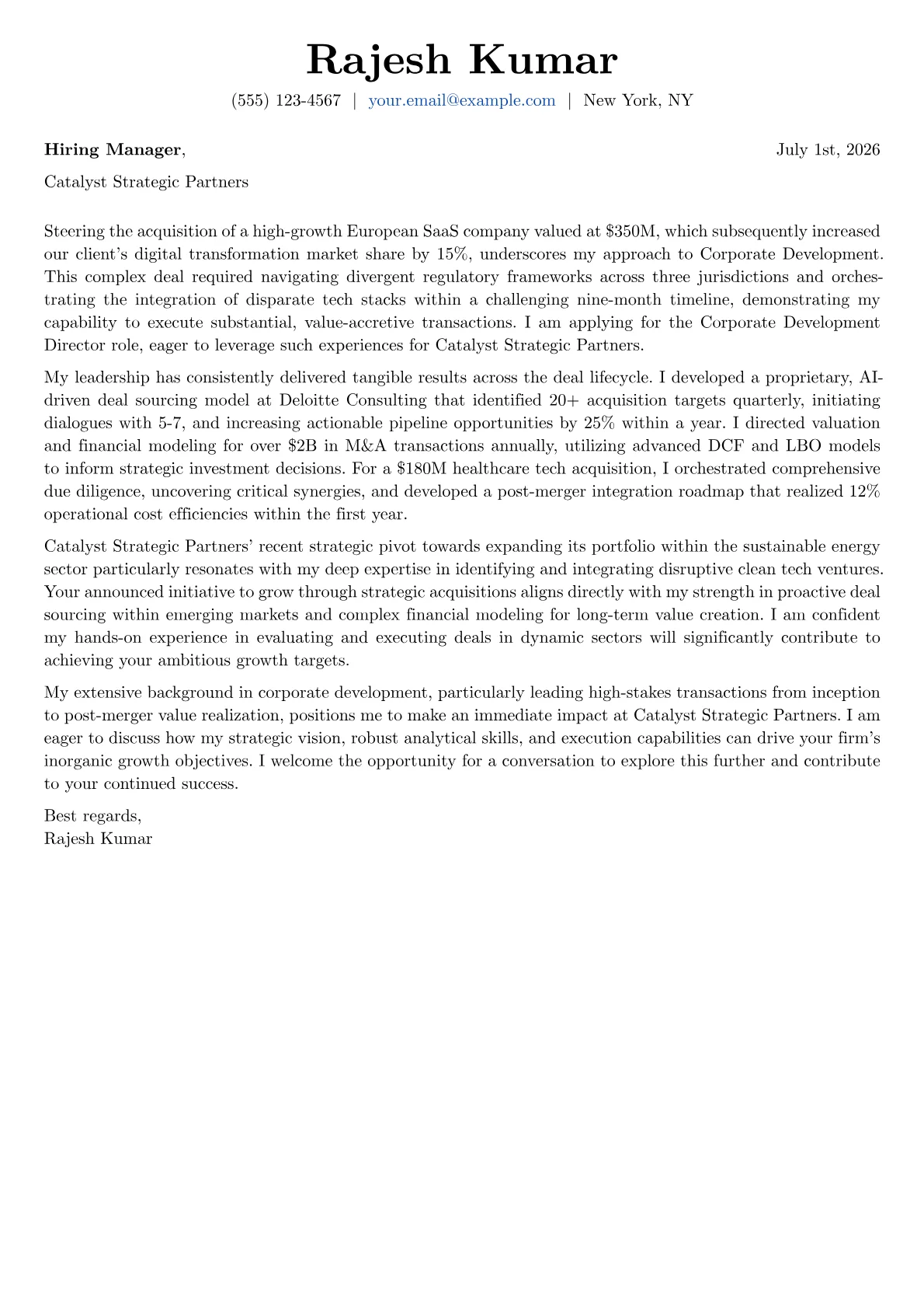 Corporate Development Director cover letter formatted with a JobSprout template