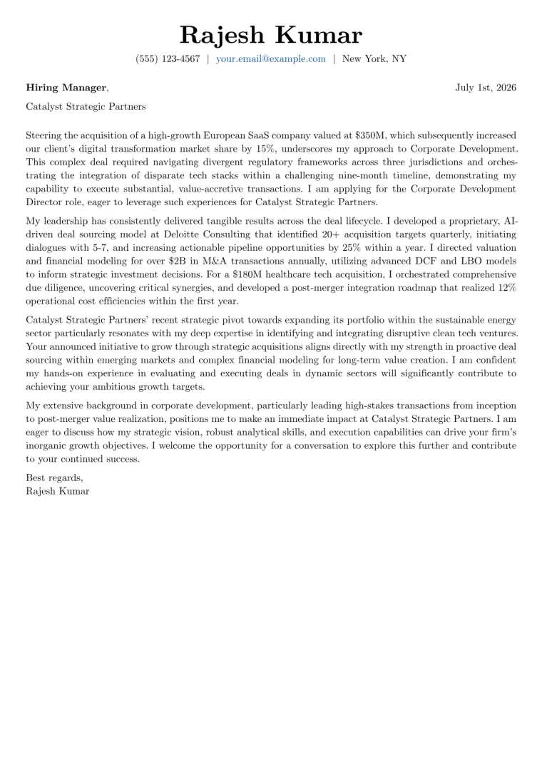 Corporate Development Director cover letter example preview