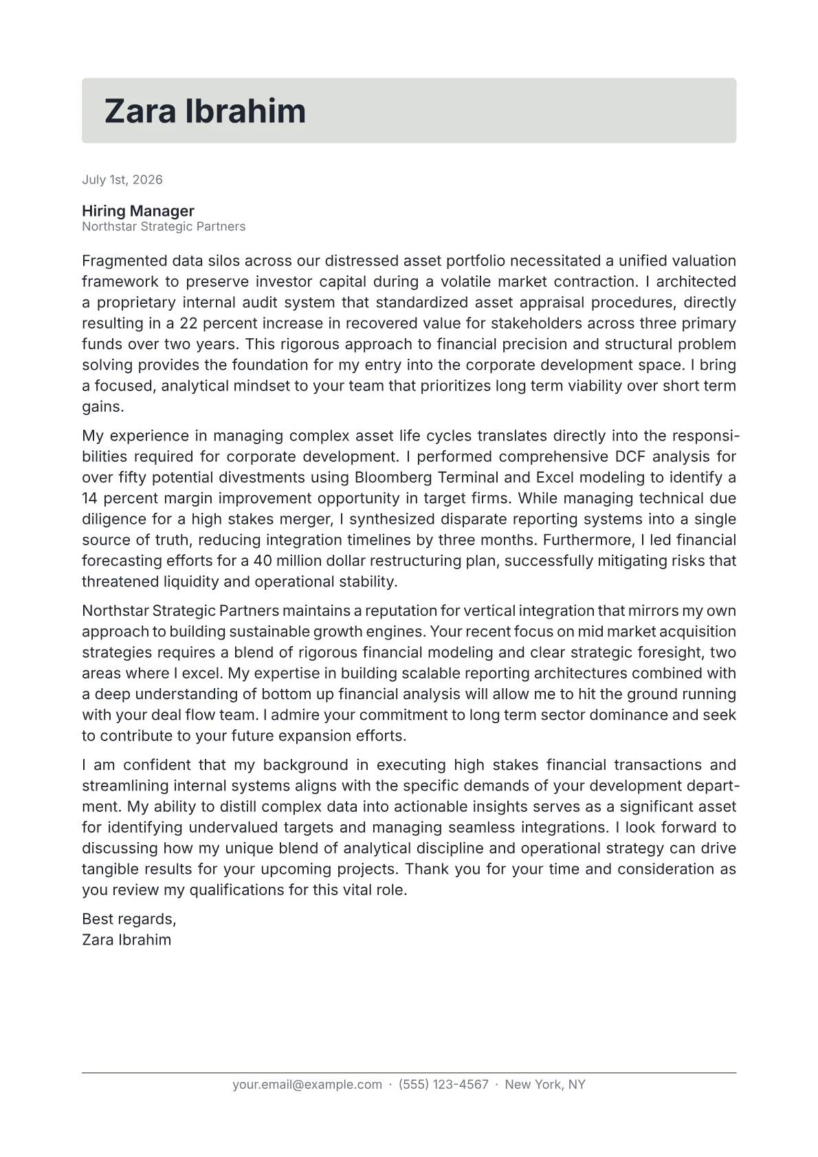 Corporate Development Manager cover letter in the Letterhead design