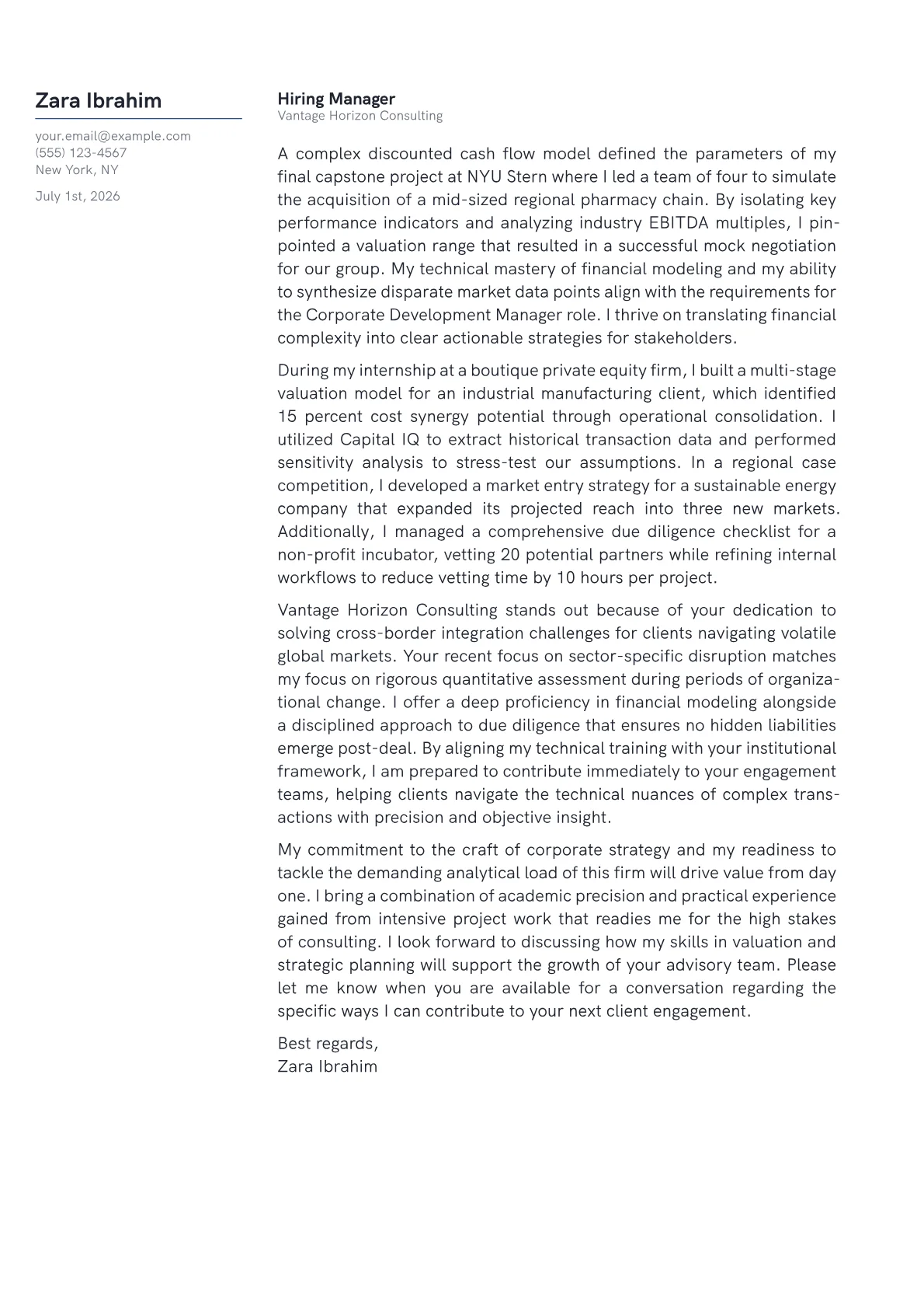 Corporate Development Manager cover letter in the Margin design