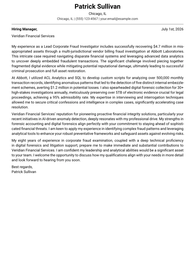 Corporate Fraud Investigator cover letter example preview