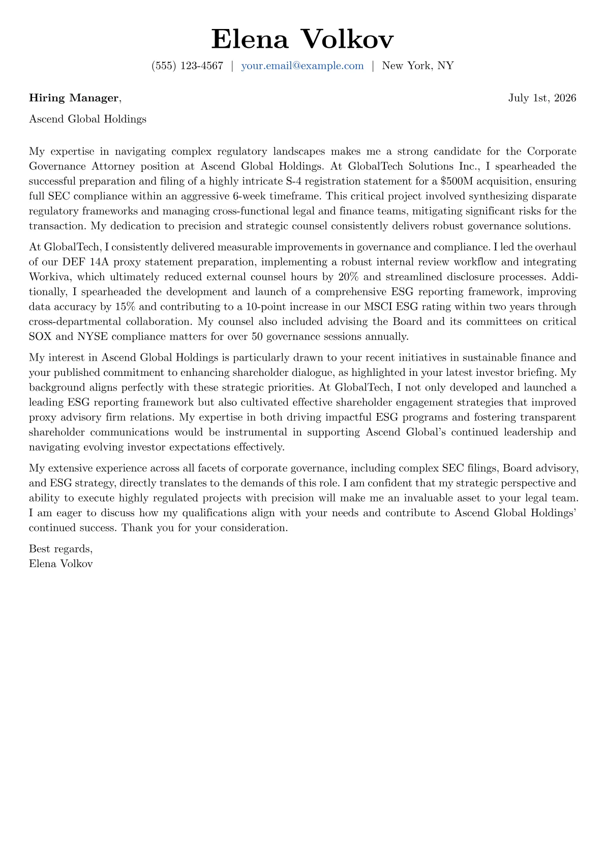 Corporate Governance Attorney cover letter formatted with a JobSprout template