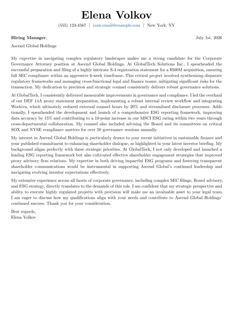 Corporate Governance Attorney cover letter example preview