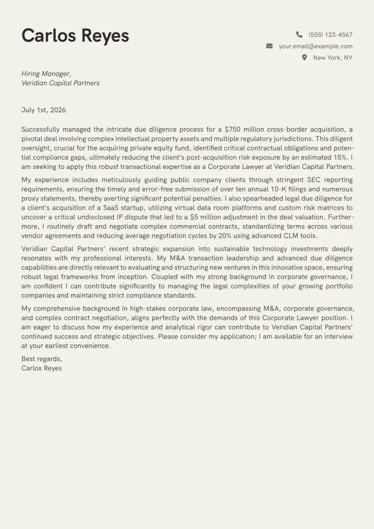 Corporate Lawyer Cover Letter Example