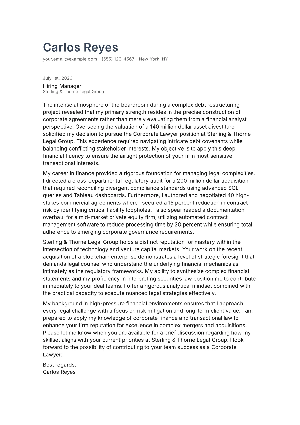 Corporate Lawyer cover letter in the Minimal design