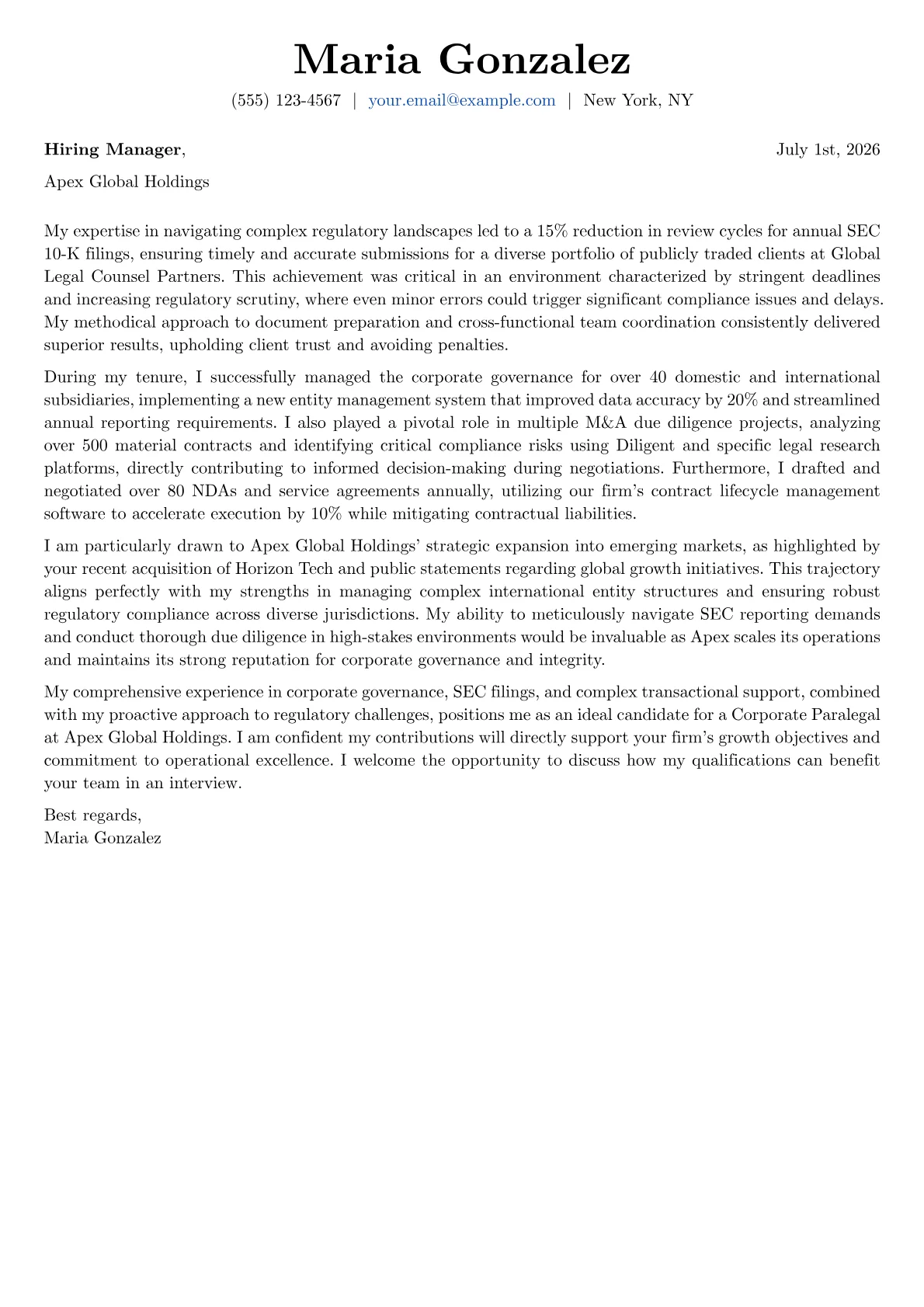 Corporate Paralegal cover letter formatted with a JobSprout template