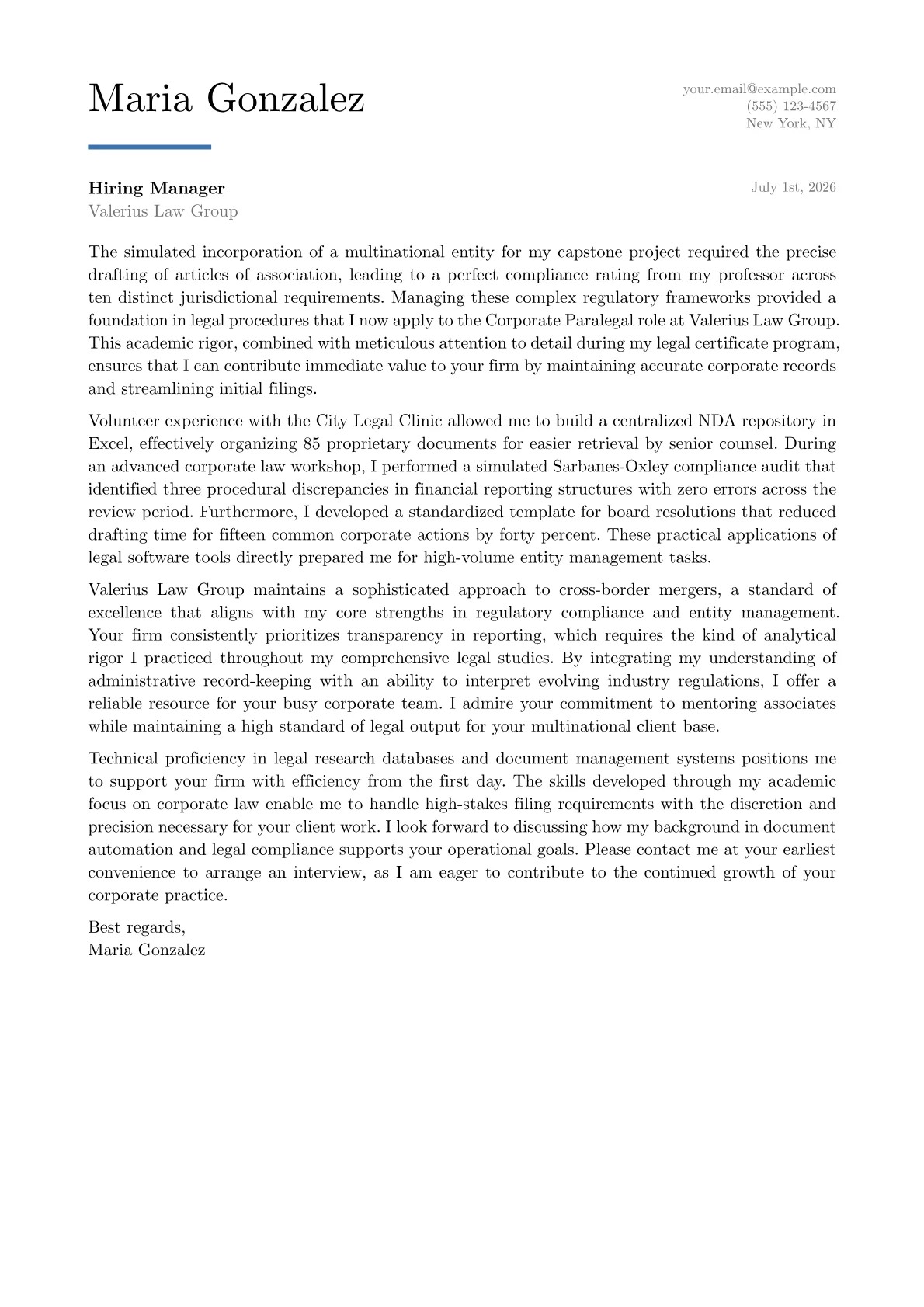 Corporate Paralegal cover letter in the Executive design