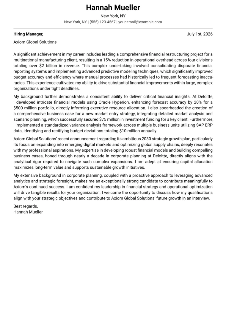 Corporate Planning Manager cover letter example preview