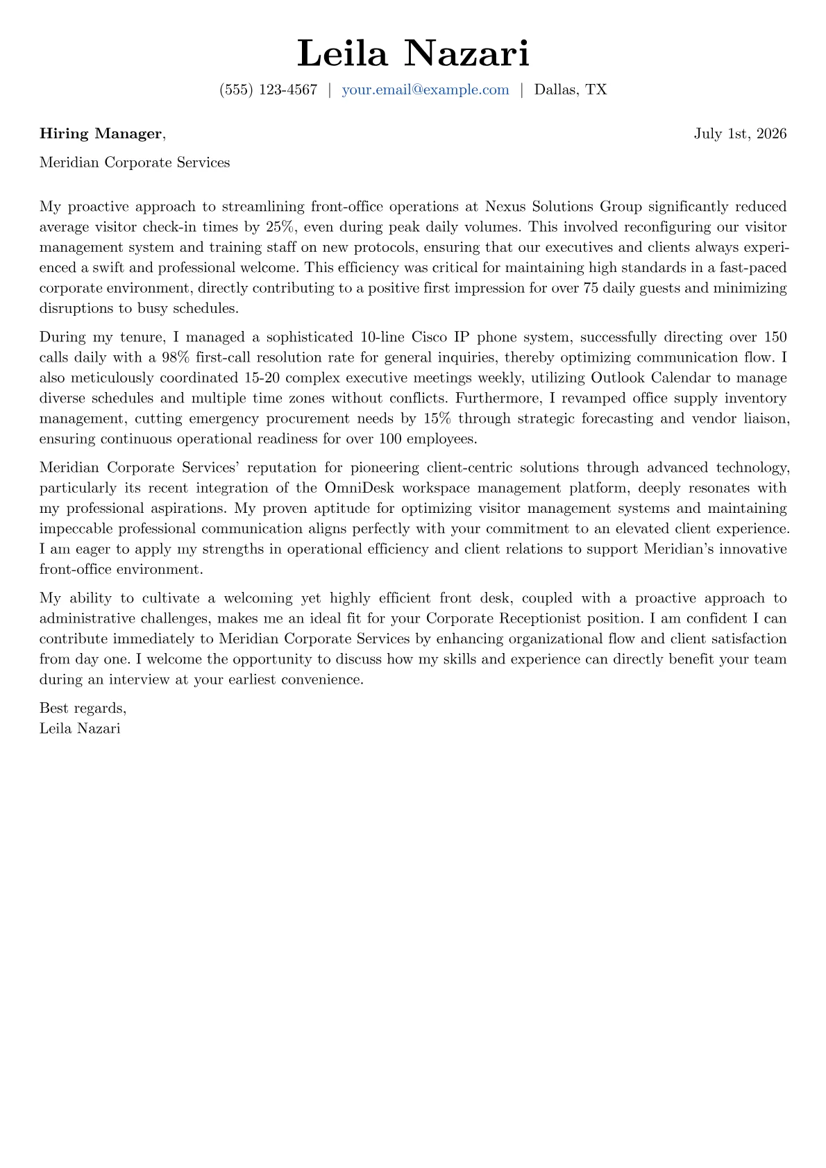 Corporate Receptionist cover letter formatted with a JobSprout template