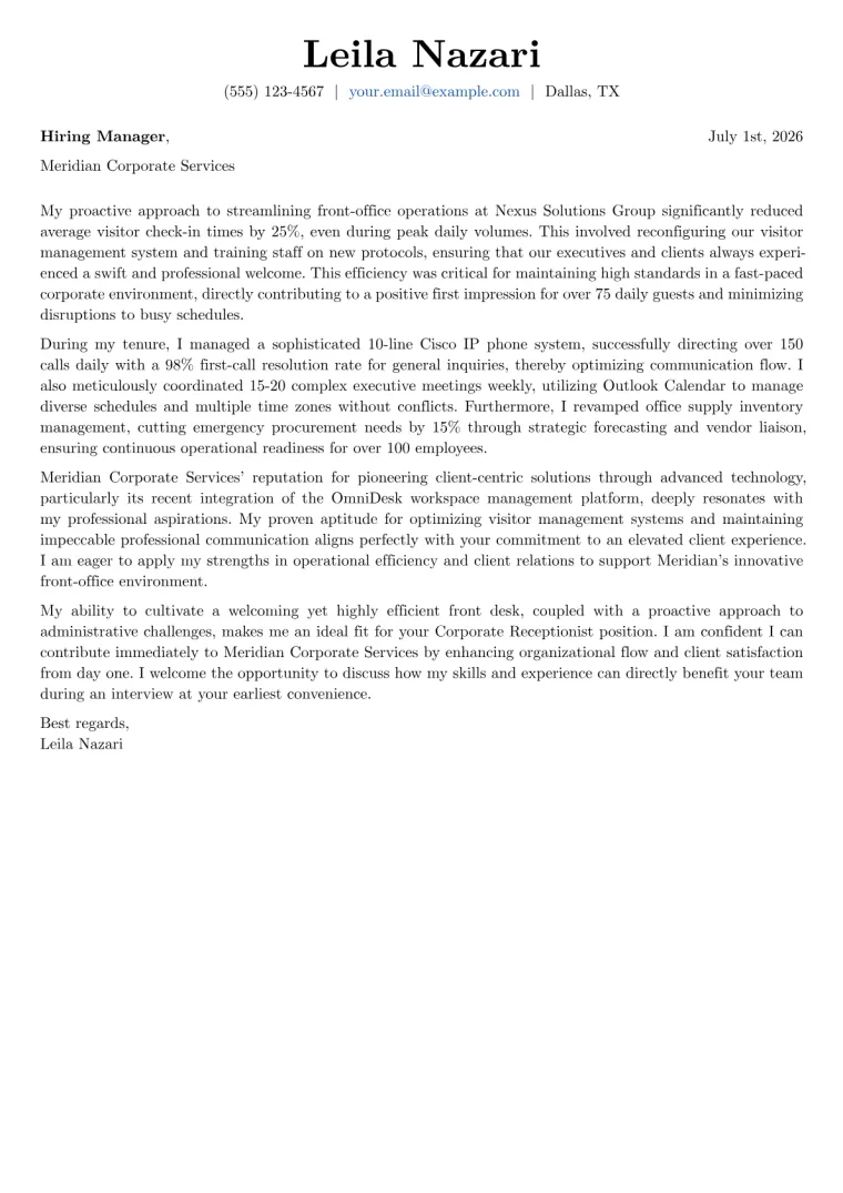 Corporate Receptionist Cover Letter Example