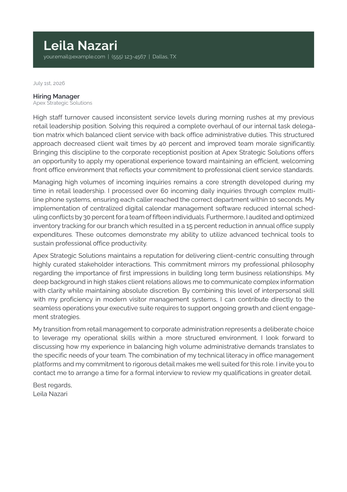 Corporate Receptionist cover letter in the Banner design