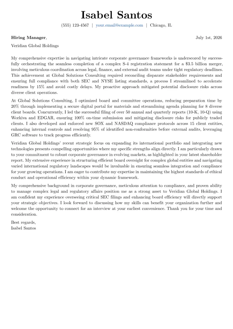 Corporate Secretary cover letter example preview